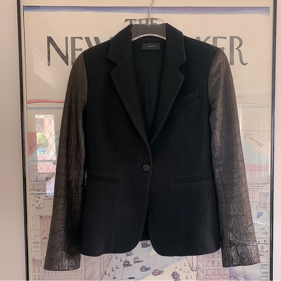 Joseph black felted wool blazer with brown leather sleeves size 38 - Picture 2 of 11